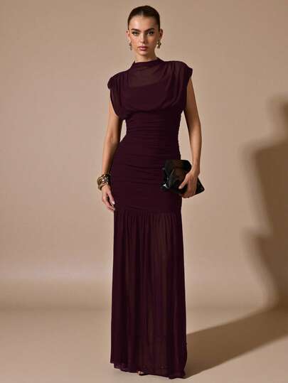 SHEIN BAE Black Wrap Shawl Elegant Sheer Ruched Dress, Suitable For Romantic Dates, Parties, Formal Gatherings, Bridesmaid Dresses, Women's Summer Dress, Tea Party Dress, New Year, Valentine's Day, Birthday Mini Dress, Black Long Dress Women's Evening Dress