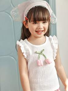 SHEIN Setelan Baju Bayi Perempuan (Ukuran Kecil) Rajut Jacquard Warna Krem dengan Hiasan Rumbai dan Celana Pendek Warna Pink dengan Hiasan Rumbai, Pakaian Musim Panas Bayi yang Lucu dan Menggemaskan - Berwarna merah muda - View 4