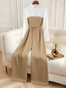 Franclia Women's Khaki Jumpsuit With White Collar, Long Sleeves, And Long Length, Suitable For Spring And Autumn. Features Include: Knitted Fabric, Faux Two-Piece Design, Tie Waist, Contrasting Colors, Elegant Style, Suitable For Daily Wear And Commuting, Versatile And Casual, Pull-On Style, And Shirt-Style Design.