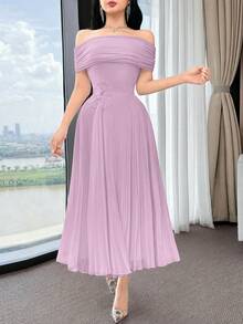 Feyla Women's Elegant Off Shoulder Pleated Short Dress, Suitable For Commuting - Mauve Purple - View 5