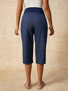 Boho Mama Quần bầu dáng rộng, màu trơn, cạp chun điều chỉnh được, có túi xéo. - Màu xanh lam - Xem 2