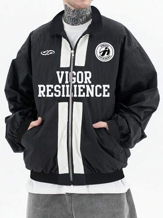 Veste zippée décontractée pour hommes avec imprimé anglais, style de rue mode américain sport, printemps/automne