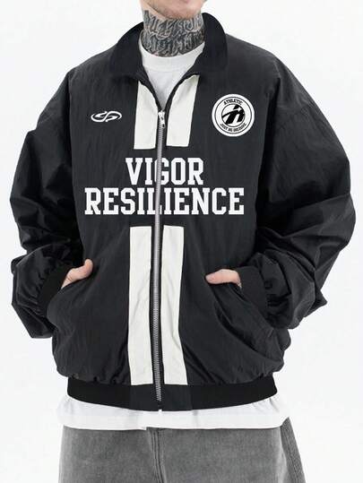 Herren Lässig Jacke mit englischem Aufdruck, modischer Streetstyle amerikanisch sportlich, Frühling/Herbst