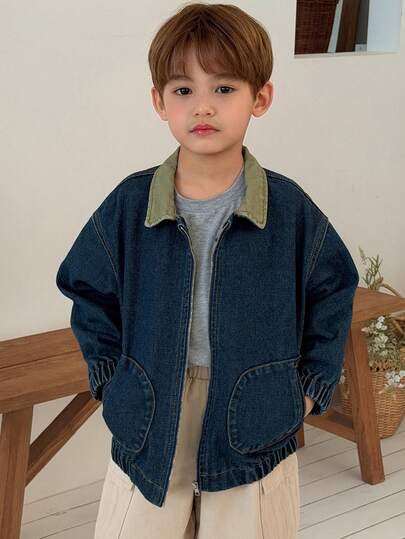 DAZY Young Boy Casual Washed Color Block Collar Denim Jacket Spring