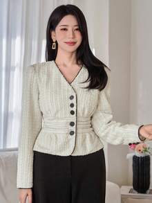 DAZY Damen elegante langärmelige figurbetonende Jacke mit Linien-Dekor, geeignet für Büromode, Frühling/Sommer - Weiss - Übersicht 3