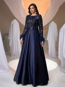 Aureia 大码优雅浪漫船领蓝色奢华亮片拼接婚纱，长袖薄纱袖羽毛拼接大A字裙，适合婚礼、派对、庆典活动、正式场合（重工装饰设计） - 藏蓝色 - 查看 8