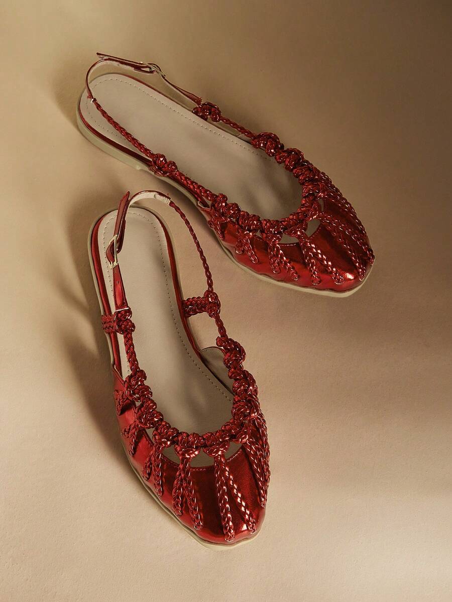 Rosivie 女士平底凉鞋，金色编织带闭趾平底鞋 - 熱烈紅色 - 查看 1