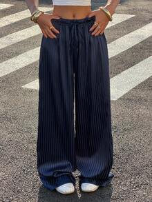 Muchica Women's Striped Textured Drawstring Loose Pants - Blue - View 5