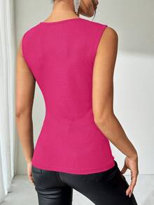 SHEIN Clasi 女士黑色罗纹长袖镶钻修身优雅休闲上衣 - 玫紅色 - 查看 2