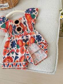 SHEIN Bộ áo liền quần tay ngắn in hoa dễ thương cho bé gái sơ sinh, thích hợp cho mùa hè. - Nhiều màu - Xem 5