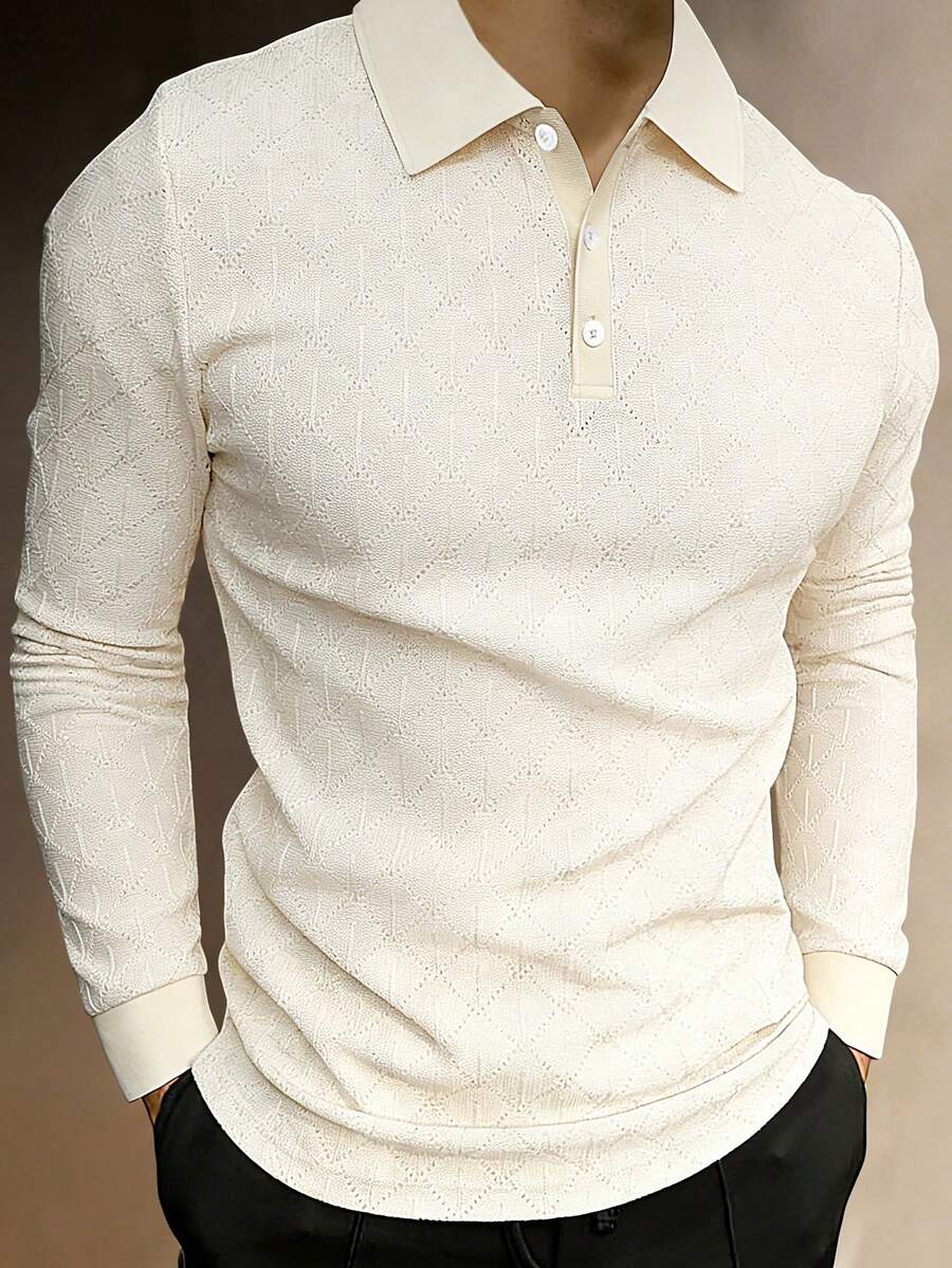 Manfinity Homme 男士长袖纹理针织Polo衫,适合外出和聚会 - 杏色 - 查看 1
