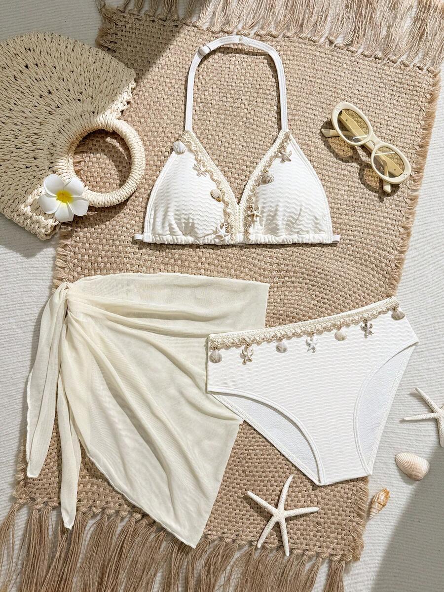 SHEIN 3pcs Girls/Girl Black Series Swimsuit Set, Beach Holiday Party, Spring/Summer Swimsuits White Three Piece Swimsuit Set Seashell Bathing Suit Modest Bikini Set Beach Girl Outfit Bikini For Kids Bikini For Tweens Tween Gurl Bikini Sets Summer Two Piece Three Piece Bathing Suit Swimwear Girls Set 3pcs Set Bikini With Sarong Skirt Girls Beach Sets Tied Waist Swim Skirt Bathing Suit Set 3 Piece Bikini Set Three Piece Swimsuit Set Bathing Suits 3 Piece Three-Piece Swimsuit Set White Bikini Set - Apricot - View 1
