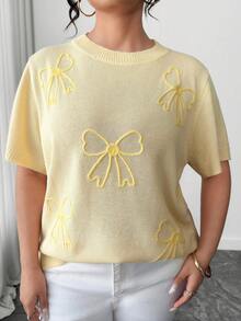 Elenzga Blusa de punto holgada y versátil de manga corta con cuello redondo y decoración bordada en 3D con lazo en color amarillo mantequilla para mujer - Amarillo - Ver 5
