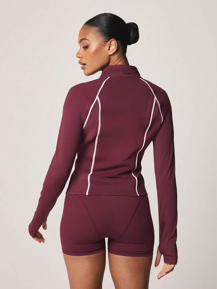 Missguided x Playboy Women Burgundy Full Zip Track Jacket With Long Sleeves And White Contrast Piping Athletic Outerwear For Fall Winter
