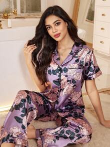 LuxeNights 舒适花卉仿丝绸女士睡衣套装 - 紫色 - 查看 3