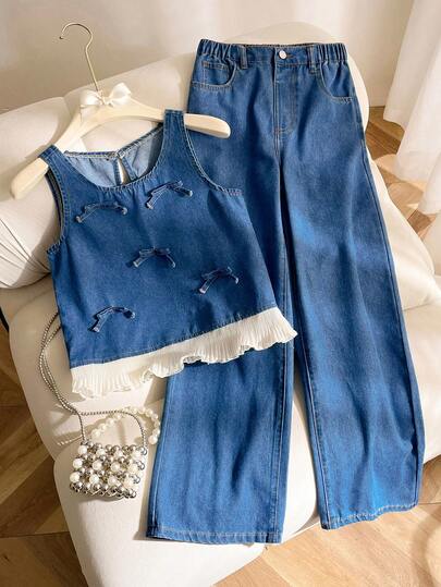 2 piezas Conjunto de niña preadolescente de mezclilla, top de chaleco de mezclilla con diseño de parche y lazo, y pantalones de mezclilla sueltos