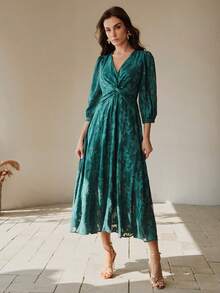 Anewsta Đầm midi thanh lịch màu xanh lá cây chất liệu jacquard, thích hợp cho tiệc tùng. - màu xanh lá - Xem 6