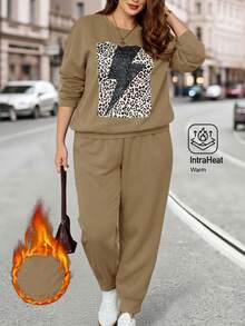 EMERY ROSE Plus Size Women's Thermal Lined Leopard Print Sweatshirt And Sweatpants Set With Pockets,Khaki,Winter,Smart Casual,Vacation 2 Pieces Casual Pants Suit - Khaki - View 1