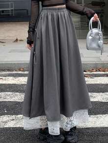 DAZY Women's Solid Color Drawstring Pleated Simple A-Line Skirt, Casual Daily Wear - Grey - View 1