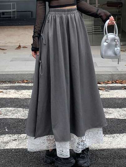 DAZY 女士纯色抽绳百褶简约A字半身裙，休闲日常穿着