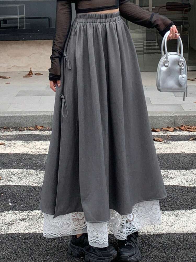 Women's Solid Color Drawstring Pleated Simple A-Line Skirt, Casual Daily Wear