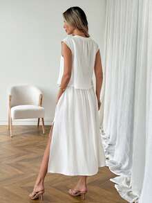 SHEIN LUNE 女士休闲100%纯棉纯色宽松夏季半身裙套装 - 白色 - 查看 2