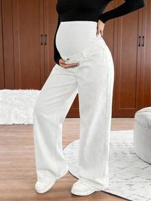 SHEIN Maternity Knit Belly Support White Denim Loose Straight Leg Pants - White - View 3