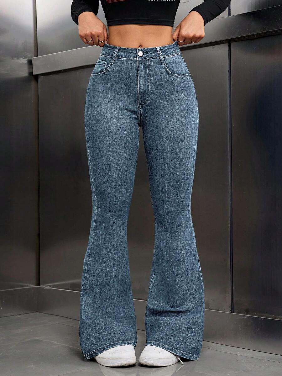 SHEIN PETITE 女士高腰口袋休闲百搭喇叭牛仔裤 - 藍色 - 查看 1