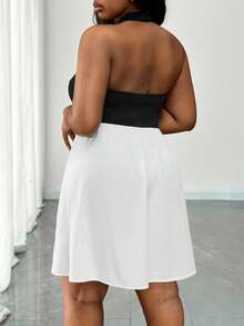 Truni Plus Size Women's Elegant Black And White Patchwork Halter Neck A-Line Dress, Summer Off-Shoulder Ruffle Waist Loose Club Dress For Party Date - Multicolor - View 2