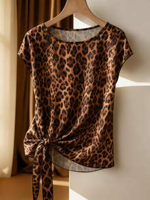 EMERY ROSE New Women's Round Neck Leopard Print Short Sleeve Tie T-Shirt - Coffee Brown - View 1