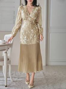 DAZY Set da 2 pezzi composto da blusa floreale elegante scollo a V e gonna, primavera - Albicocca - Visualizzare 6