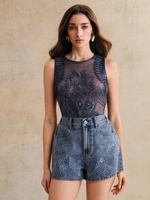 Anewsta Women's High Waist Loose Straight Leg Embroidered Denim Shorts, Summer - Blue - View 7