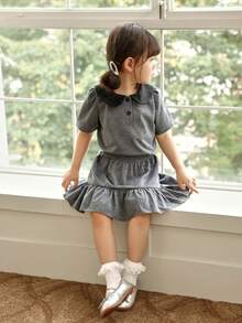 Genkimix Kids 2pcs/Set Toddler Girl Baby Collared Puff Sleeve T-Shirt And Layered Skirt, School Grey Top And Skirt Outfit