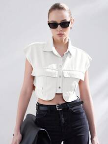 Aveloria Affinna 女士纯色短款衬衫，带翻盖口袋，女士休闲纽扣口袋无袖领常规版型短款白色蝙蝠袖衬衫，女式衬衫，春夏，休闲日常穿着