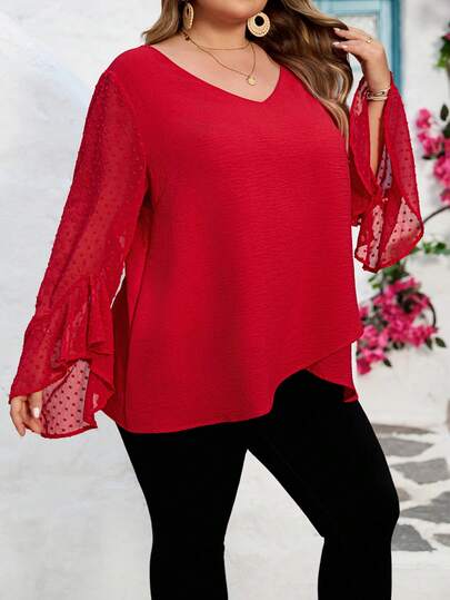 SHEIN CURVE+ CURVE PLUS /Valentine's Day/Plus Size Women's V-Neck Red Long Sleeve Shirt, Minimalist Fashion Casual, Suitable For Everyday Wear And Valentine's Day