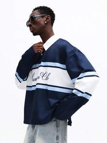 SUMWON Men Classic Collared Rugby Striped Polo Long Sleeve Chest Embroidered Script Logo Casual Office Weekend Preppy Style Rugby Shirt - Royal Blue - View 3