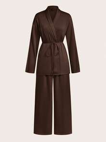 Maija Women's Autumn/Winter Satin Solid Color Tie Front Long Sleeve Cardigan And Elastic Waist Pants Casual Suit, Women's Sleepwear 2 Pieces Set, Women's Casual Business Suit, Office Attire - Brown - View 8