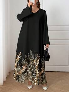 Al Najma Plus Size Casual Minimalist V-Neck Arabic Style Dress Plus Long Dress Dress Modest - Multicolor - View 3