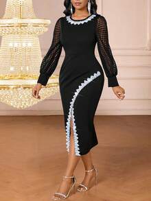 SHEIN Lady Women's Elegant Knitted Long Sleeve Black Dress - Black - View 3