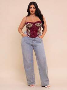 SHEIN BAE 大码女式豹纹蕾丝拼接吊带背心 - 酒紅色 - 查看 2