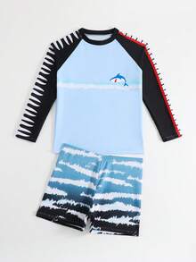SHEIN 青少年男童插肩袖圆领休闲鲨鱼印花泳衣 - 彩色 - 查看 7
