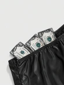 ROMWE Avant Sexy Diva Dollar Bill Embroidered Super Low-Rise Mini PU Shorts - Black - View 9