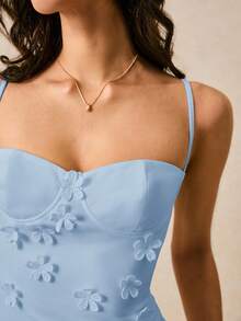 Poéselle Women's Solid Color Spaghetti Strap Fitted Long Dress With 3D Floral Decor - Baby Blue - View 5