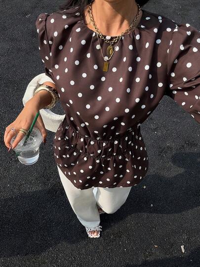 Siren Gaze New Brown Polka Dot Puff Sleeve Blouse For Women
