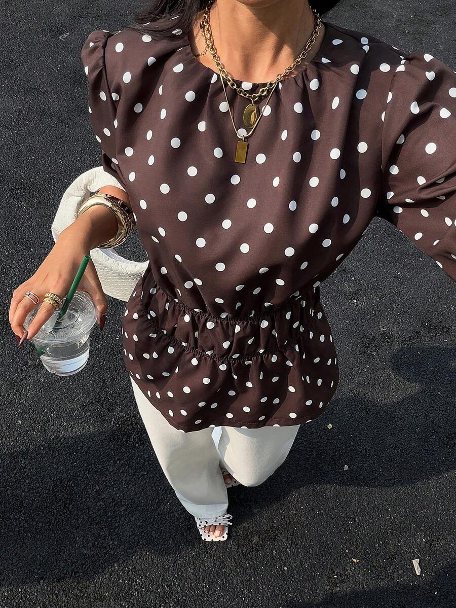 Siren Gaze New Brown Polka Dot Puff Sleeve Blouse For Women Spring - Brown - View 1