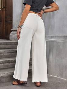 SHEIN Holidaya Women's Solid Color Casual Jeans White Wide Leg Pants Women Palazzo Pants Women White Flare Pants Boho Pants - Beige - View 2