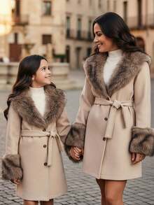 SHEIN 女童休闲保暖毛绒领系带中长款毛绒外套，时尚日常穿着，秋冬 - 杏色 - 查看 3