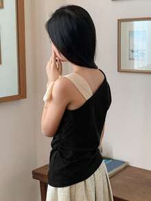 DAZY 少女针织蝴蝶装饰不对称肩短袖T恤，秋季款 - 黑色 - 查看 5