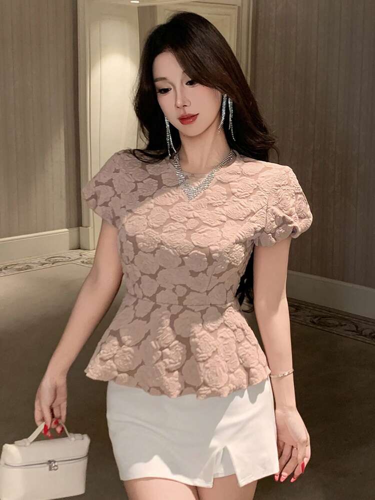 Women's Elegant Jacquard Round Neck Ruffle Hem Puff Sleeve T-Shirt, Summer