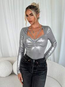 SHEIN Privé 女士优雅银色长袖褶饰带长袖 T 恤 - 銀色 - 查看 1